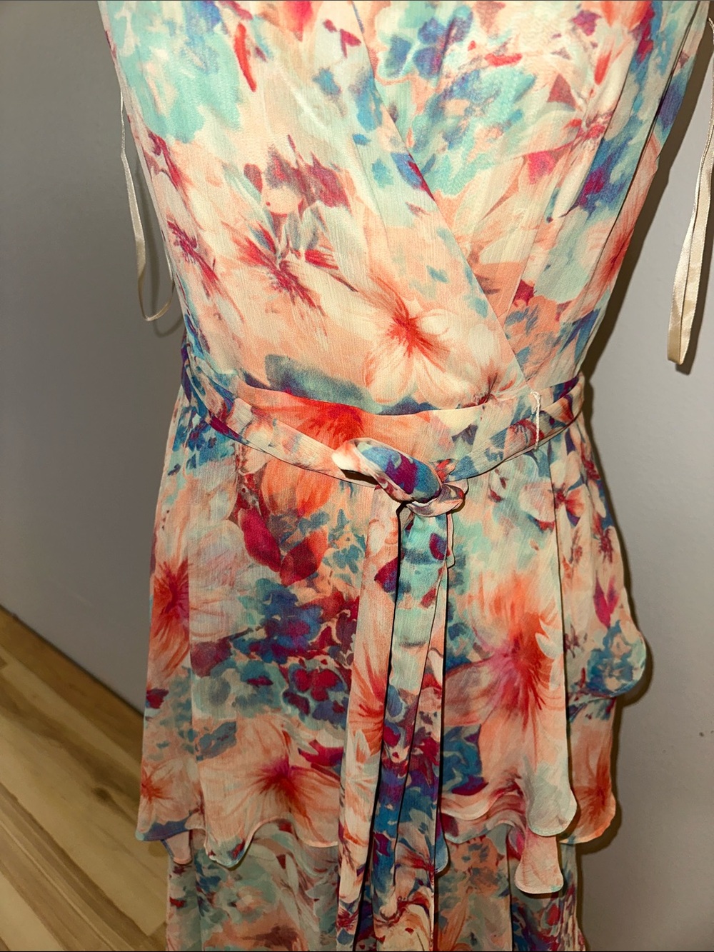 50% off Tahari Floral Tiered Wrap Maxi Dress in Pastel Blue, Coral, Cream - Picture 8 of 8